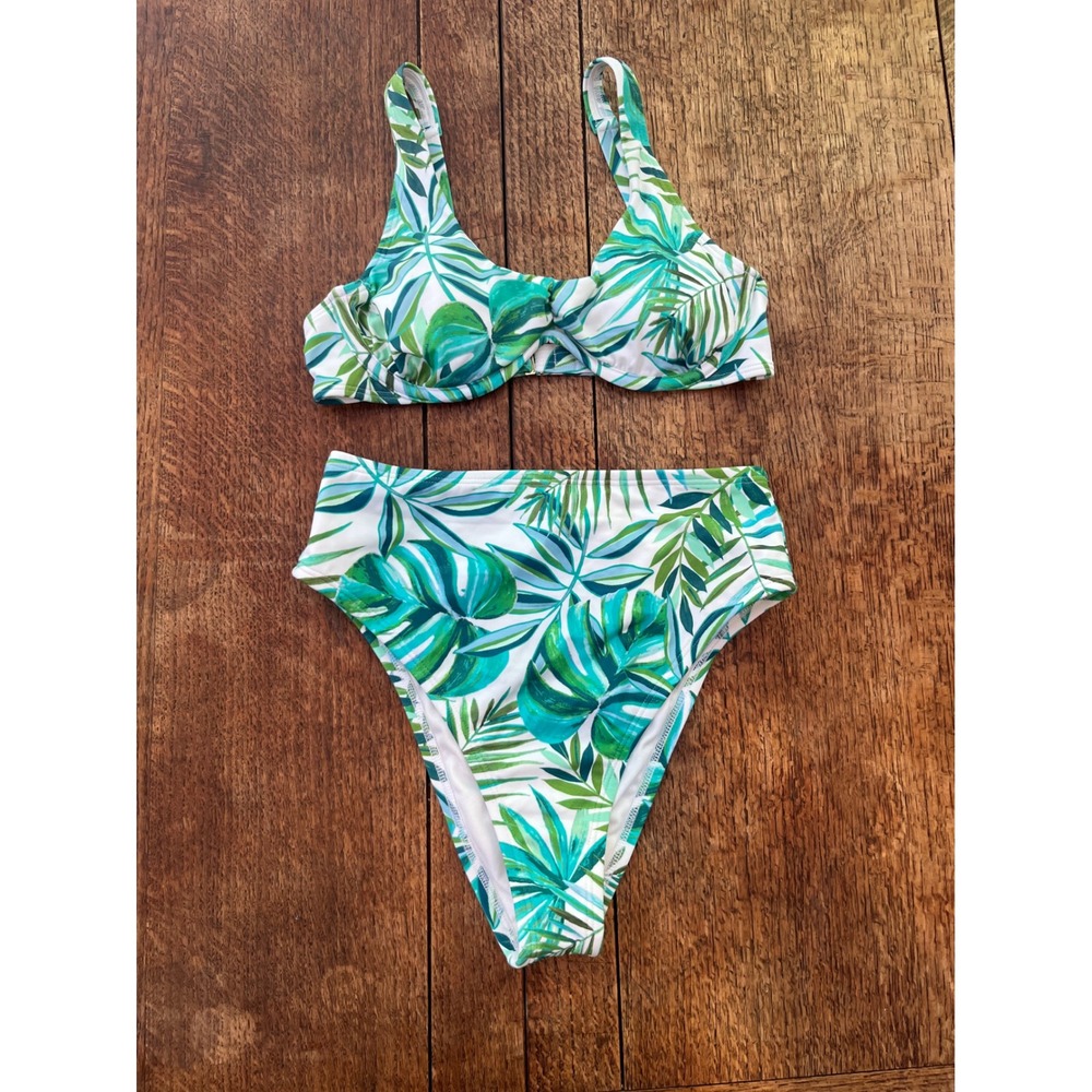 Shade & Shore underwire bikini S 34B monstera botanical tropical high leg